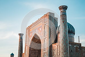 Close up view of the Registan Square in Samarkand, Uzbekistan