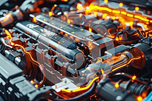 A close-up view reveals the complex design of a high-performance engine with