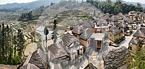 Close up view of rice terraces and village in China, Unesco World Heritage Site