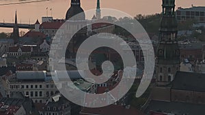 Close up view of the Riga old town at dusk.