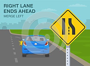 Close-up view of a right lane ends ahead merge left road sign meaning. Mandatory movements in lanes rule.