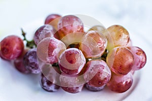 Close up view of ripe grapes on white plate