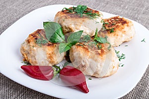 Close Up view on rissole of minced chicken on a white plate