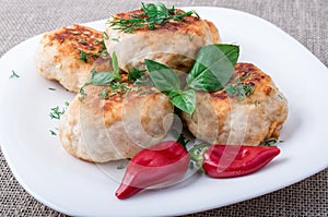 Close-Up view on rissole of minced chicken on a white plate
