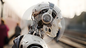 Close-up view of robot head. robot artificial intelligence in future technology concept, close up of robot face.