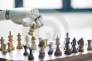 close-up view of robot playing chess,