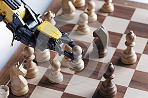 Close-up view of robot playing chess