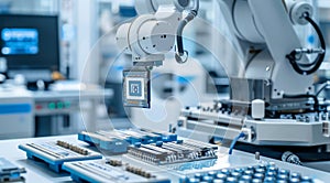 Robotic arm holding an electronic chip in a high-tech manufacturing facility
