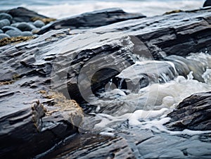 a close up view of a rocky shoreline with water flowing over it