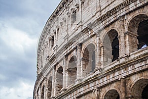 Close up view of Rome Colosseum in Rome , Italy . The Colosseum was built in the time of Ancient Rome in the city center. It is