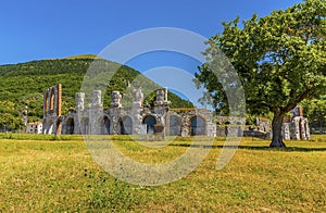 A close-up view of the ruins of the Roman ampitheater at the foot of Mount Ingino in the cathedral city of Gubbio, Italy