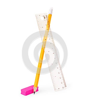 Close up view ruler, an eraser and a pencil are isolated on a white background photo