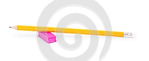 Close up view ruler, an eraser and a pencil are isolated on a white background photo