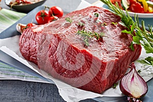 Close up view of rump steak on table