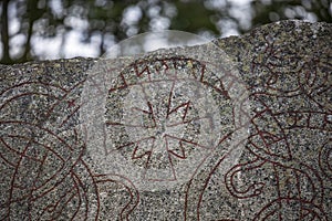 Close up view of runestone with inscription from the 1000s AD.