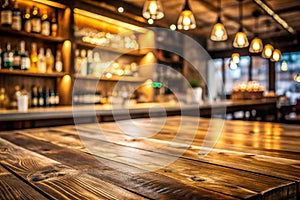 A Close-Up View of a Rustic Wooden Tabletop with a Blurred Background of a Dimly Lit Bar Interior photo