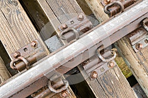 Close-up view of a rusty railroad track