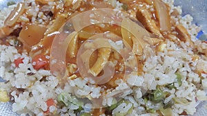 Close up view of sauce on white fried rice Chinese dish