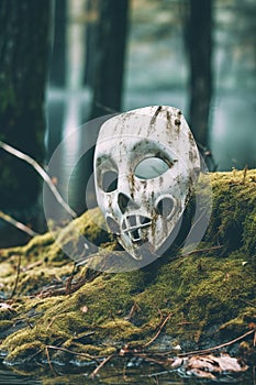 Close-up view of scary vintage hockey mask abandoned on the ground in the forest.