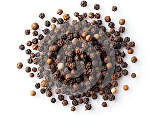 Close-Up View of Scattered Black Peppercorns on a White Background This image features a collection of black peppercorns spread