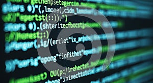 Close-up view of scrolling green computer code on a dark monitor screen