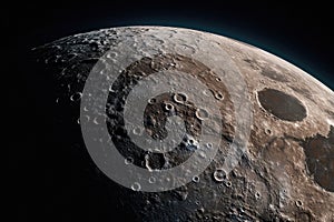 Close up view of a section of the moon with craters in outer space