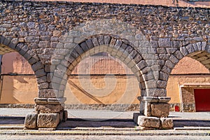 Close up view Segovia aquaeduct Spain historic Roman building