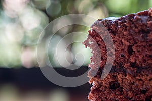 Close up view and selective focus of chocolate cake