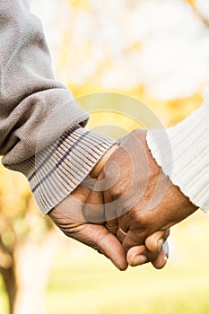 Close up view of senior couple holding hands