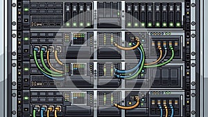 Close-up View of a Server Rack with Cables, Hardware, and Blinking Lights for Data Storage