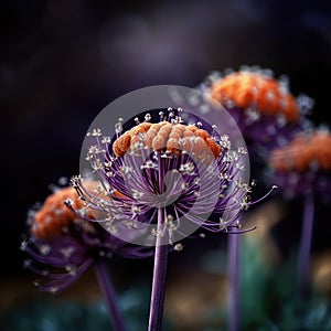 Close-up view of several purple flowers, with one in foreground and others behind it. These flowers are arranged on top