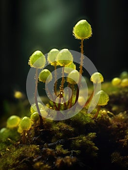 Close-up view of several small mushrooms growing on top of green plant. These mushrooms are located in center of frame