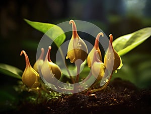 Close-up view of several small plants, or flowers, growing on ground. These plants are in various stages of growth and