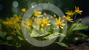 Close-up view of several yellow flowers, with water droplets on leaves and petals. These flowers are growing in green