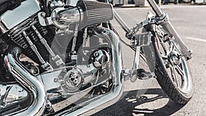 Close up view of a shiny motorcycle engine