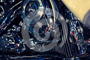 Close up view of a shiny motorcycle engine. Macro