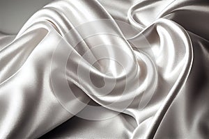 Close up view of shiny silver satin fabric, AI-generated image