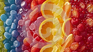 This close-up view showcases a variety of differently colored candies, each bursting with delicious fruit flavors