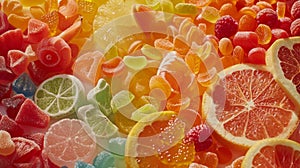 This close-up view showcases a variety of differently colored candies, each bursting with delicious fruit flavors