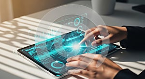 Futuristic digital interface interactive technology displayed on tablet device isolated on white background