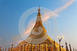 Close up view of Shwedagon Pagoda at twilight