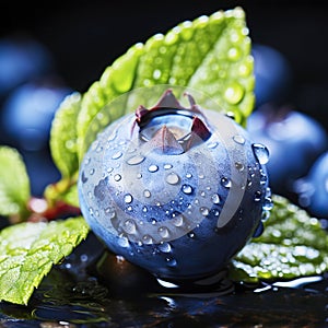 Close-up view of a single blueberry with small water droplets, selective focus, made with generative ai