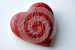 A close-up view of a single red heart-shaped cookie, perfect for Valentine's Day photo