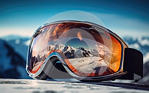 Close-up view of ski goggles against a mountainous area full of snow with a beautiful red reflection of the landscape.