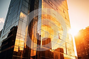 close-up view of a skyscraper bathed in golden sunlight, emphasizing of a business district.