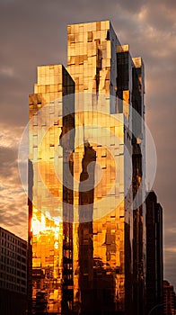 close-up view of a skyscraper bathed in golden sunlight, emphasizing of a business district.