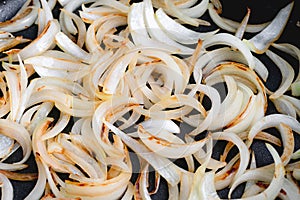 Close Up View of Sliced Onions Browned in a Skille