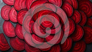 A Close-Up View of Sliced Red Beets Arranged in a Circular Pattern