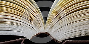Close-up view of slightly turning book pages in soft warm light with shallow depth of field