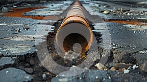 Close-up view of a small plastic sewer which is buried under drizzle for drainage in rural canals.